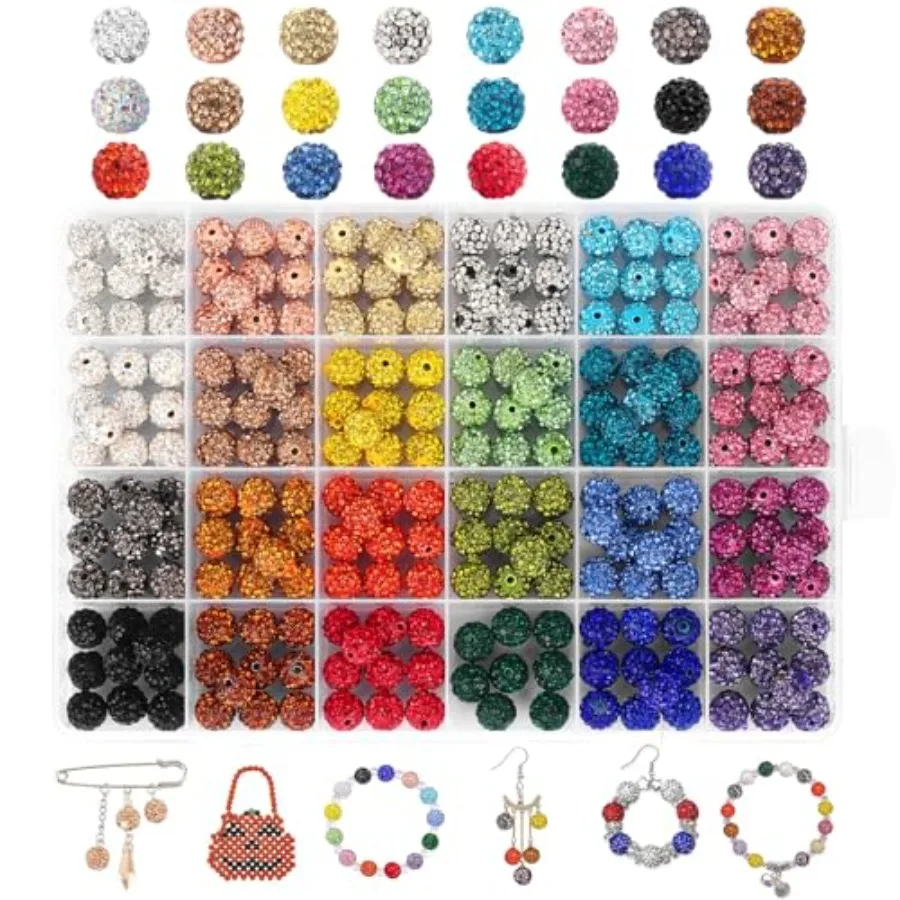 

240pcs 24 Colors 10mm Round Rhinestone Beads for DIY Jewelry Making Bracelet Necklace Earring Christmas Decoration Sparkle Crys