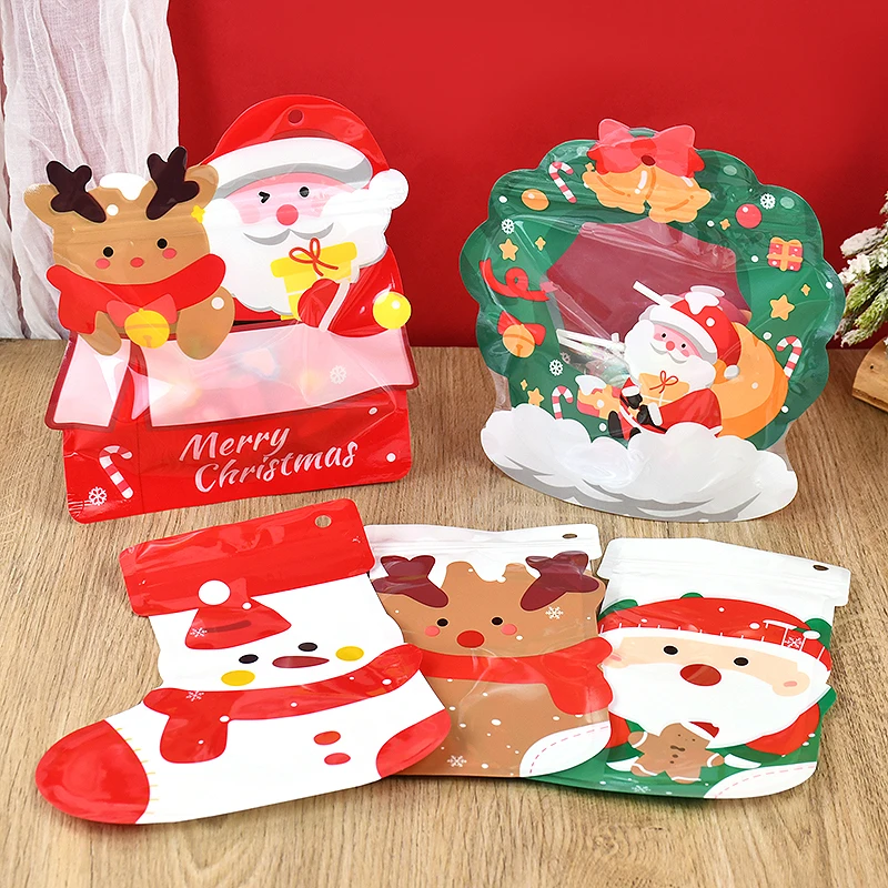 5pcs Christmas Socks Shape Gift Bags Santa Claus Snowman Reindeer Candy Packaging Bag Child Present Decor Pouches Xmas Ornaments