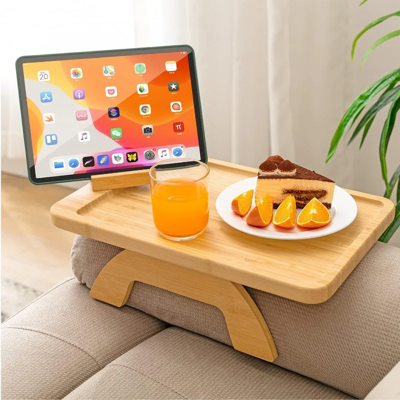 Couch Arm Tray,Bamboo Sofa Tray Table Clip on Side Table for Wide Couch,Foldable Couch Tray with 360° Phone Holder