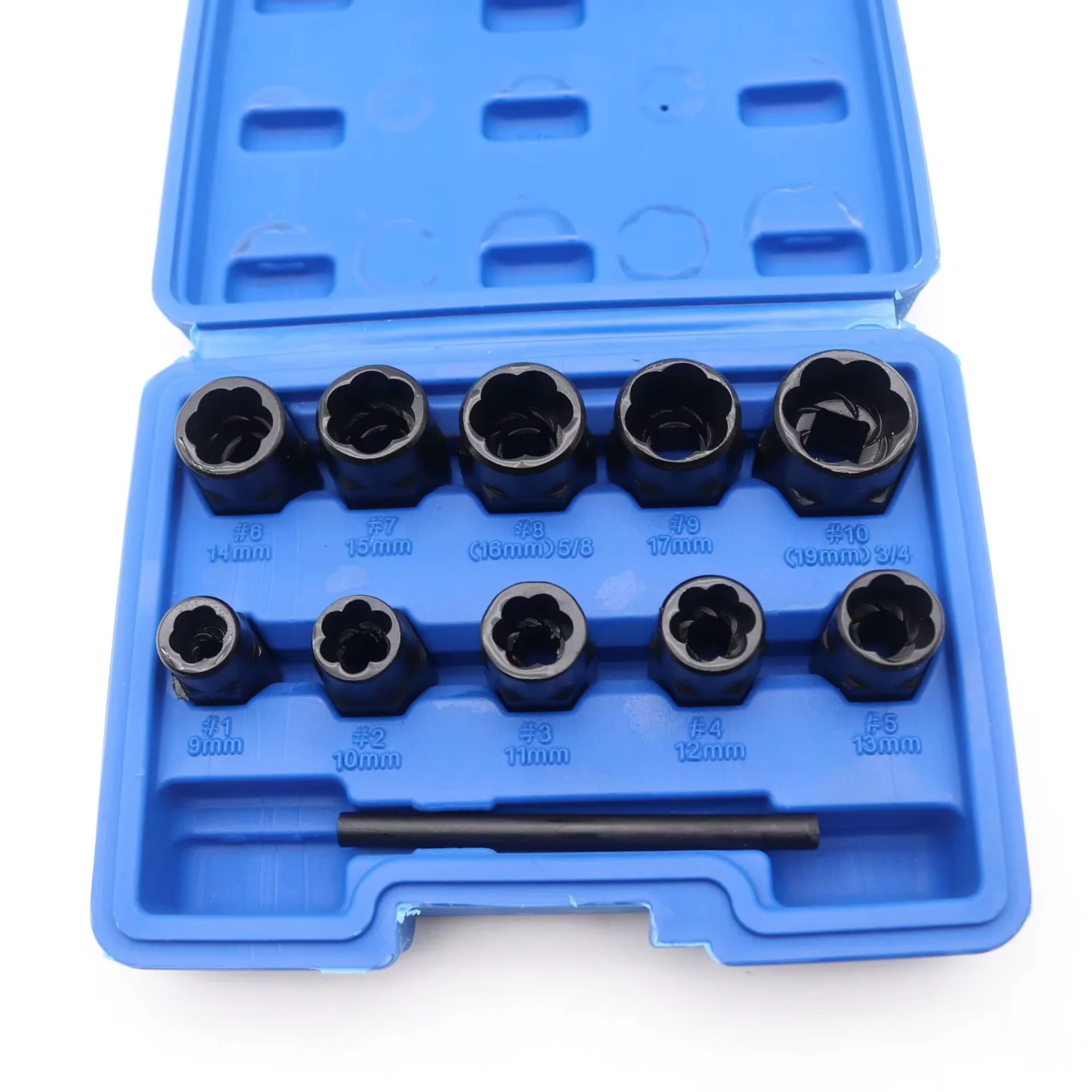 11-teiliges Twist-Steckschlüssel-Set, 9–19 mm Radmutter-Entferner-Set, beschädigter Bolzen, Schraubenmutter-Extraktor-Werkzeug-Set, einschließlich einer Stanzstange