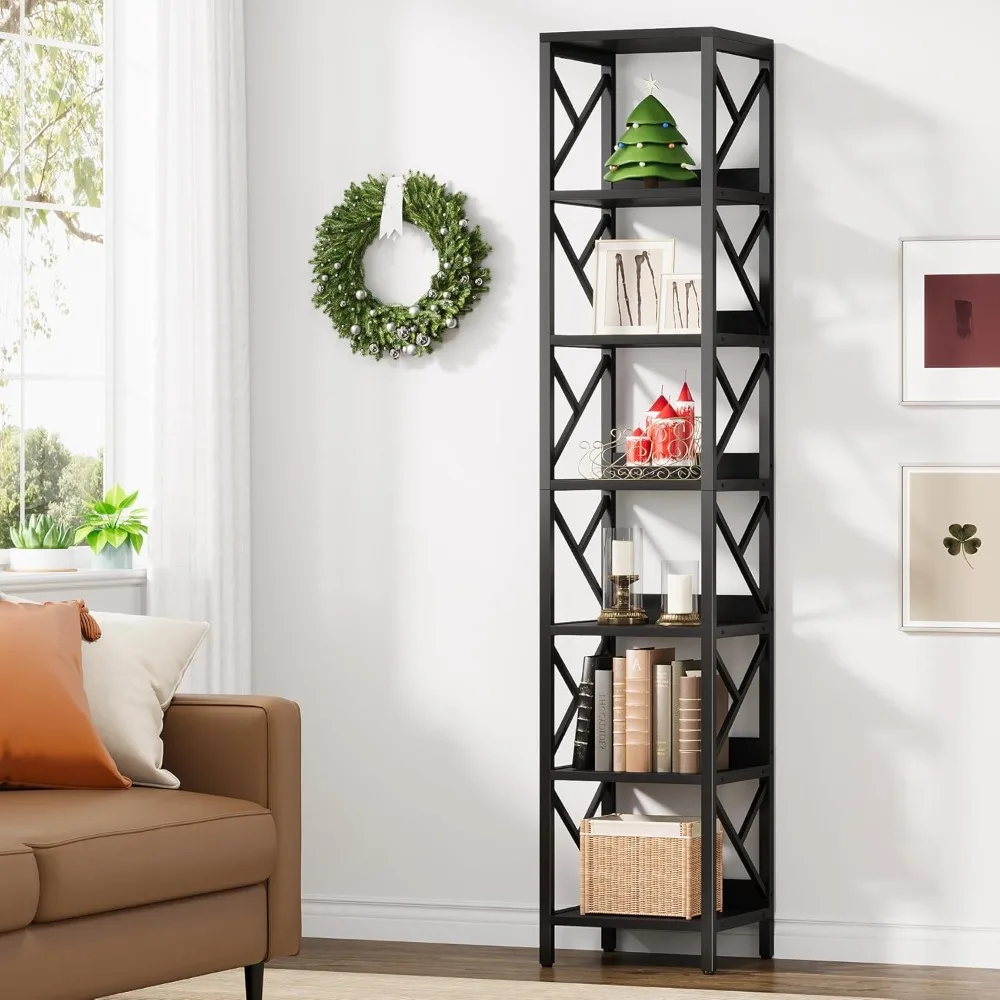 رف كتب ضيق بطول 78.7 بوصة، خزانة كتب ضيقة من 7 طبقات للمساحة الصغيرة، رف زاوية للعرض قائم بذاته، صناعة حديثة