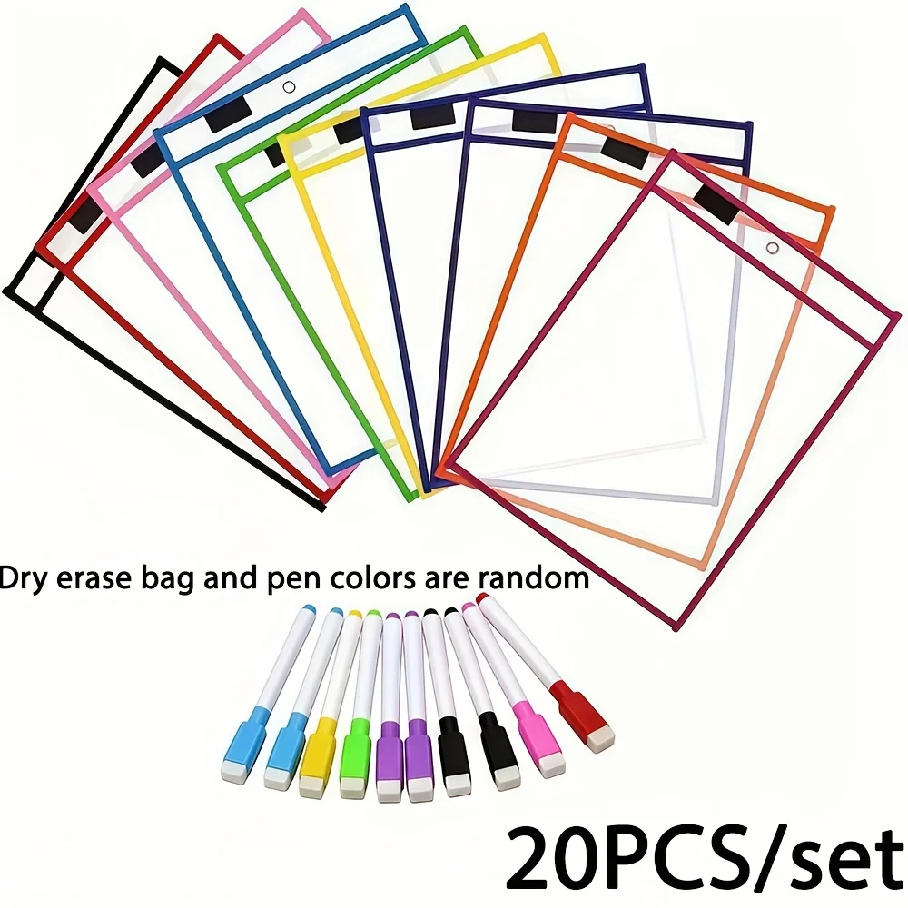 20 Pcs Reusable Dry Erase Pockets Set, Extra Large Writing Erase Pockets, Transparent Protective Covers, Teacher School Classroom Supplies (10 Dry Erase Pockets + 10 Pens) image 6