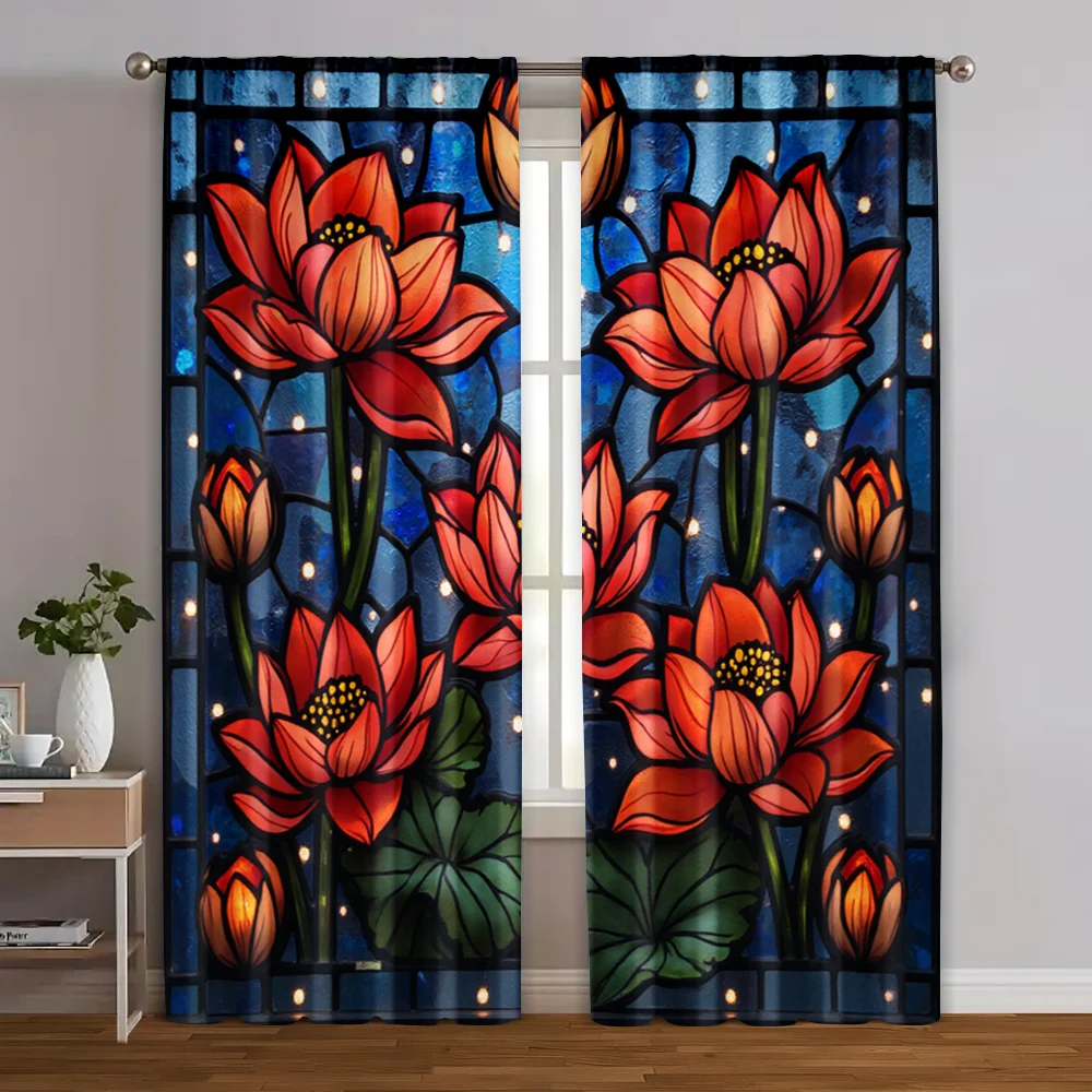 

2pcs, Creative Curtains Vibrant for Lotus Flower Machine Washable Polyester (without rod) Room Decor for Various Room Types