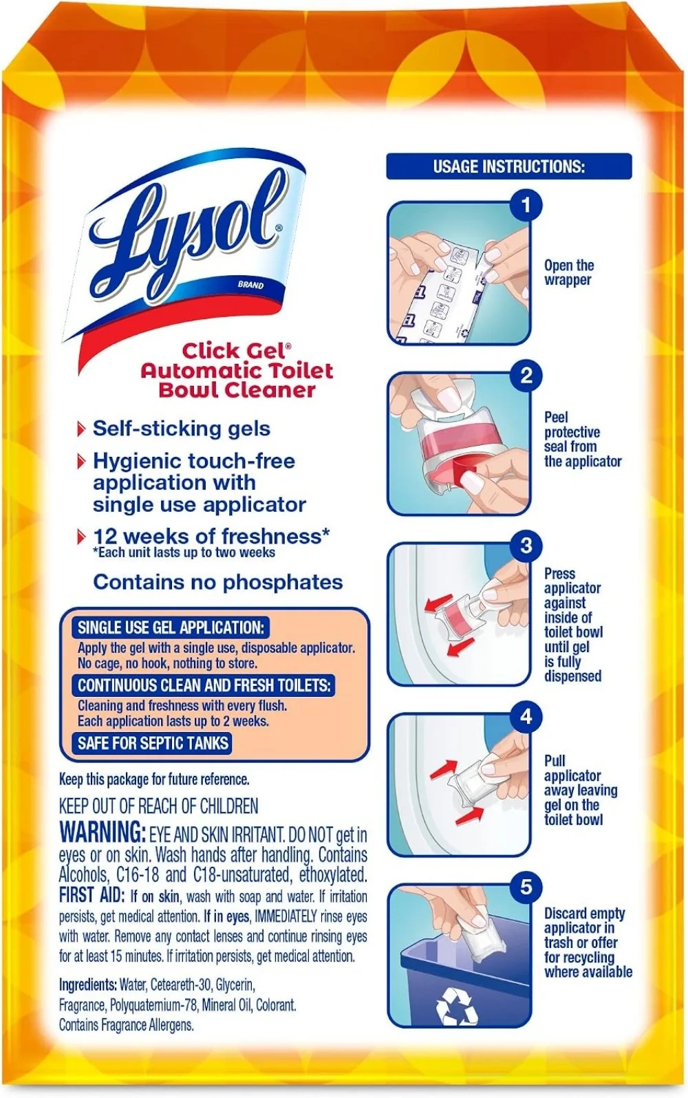 Click Gel Automatic Toilet Bowl Cleaner, Toilet Gel Stamp, Freshener, Mango & Hibiscus Scent, 6 Count