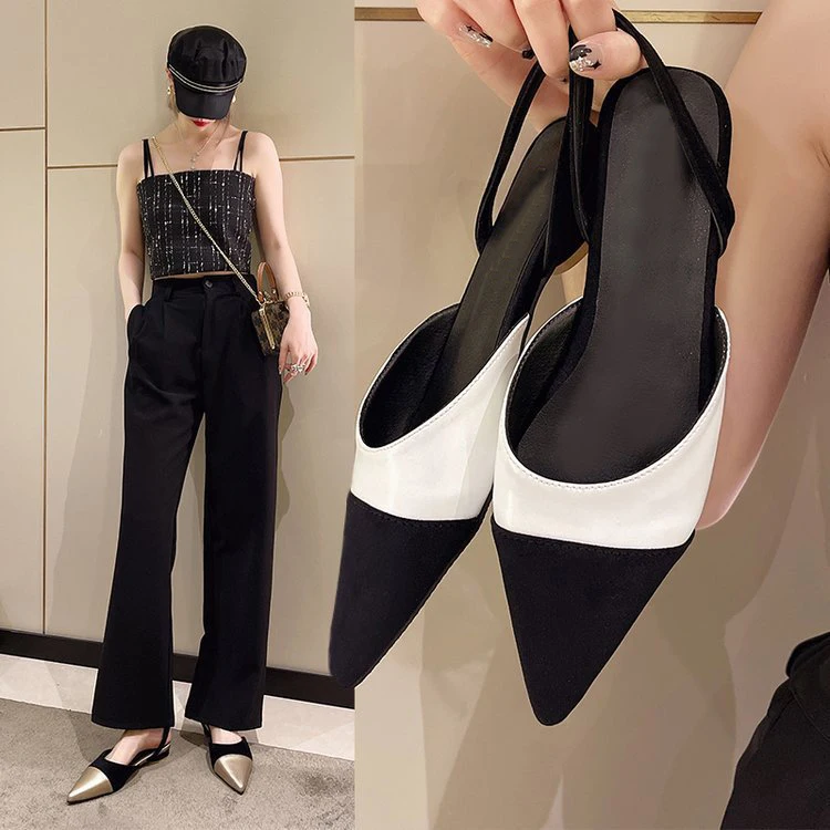 Elegant Summer New Women Sandals Splice Pointed Sexy Metal Color Flat Baotou Back Empty Fashion Ladies Mules Sandals Point Shoes