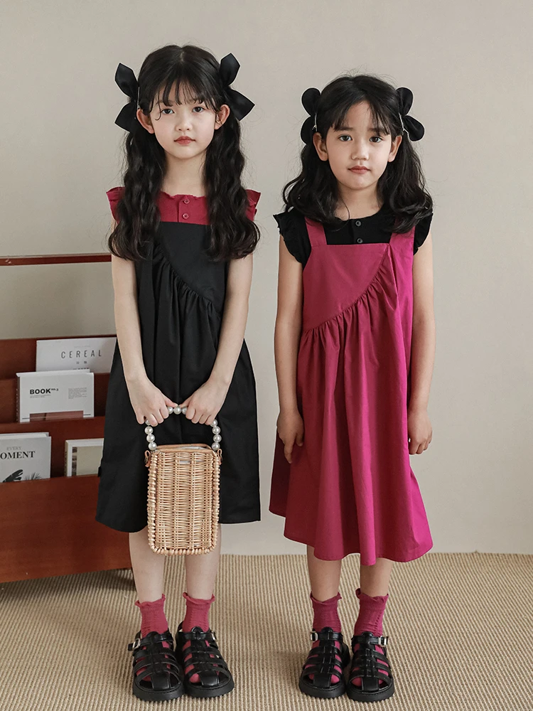 

2023 Girls' Summer Pleated Curved Spliced Tank Top Dress Children's Fashion Casual Strap Knee-Length 7-12y Dresses Girl Clothes