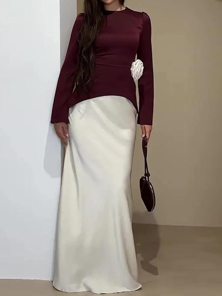 

Женский комплект из двух предметов с круглым вырезом и длинными рукавами и полуюбкой, весенне-осенний наряд с цветочным принтом в стиле пэчворк, праздничный наряд 2026, элегантный темпераментный костюм