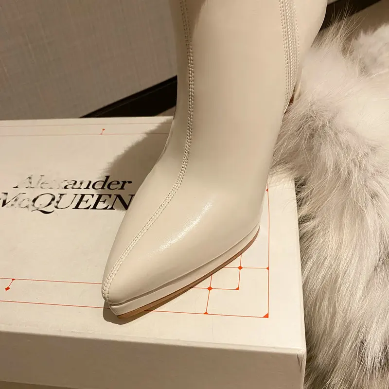 Classic Black White Ankle Boots with Rabbit Fur Women 2024 Autumn Winter Stiletto Shoes Warm Plush Thin High Heels Booties