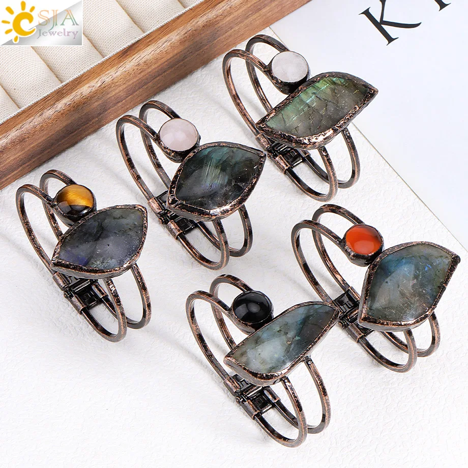 Crescent Moon Crystal Cuff Bangle Natural Stone Labradorite Pink Chakra Vintage Open Handcrafted Bracelet Jewelry Women H659