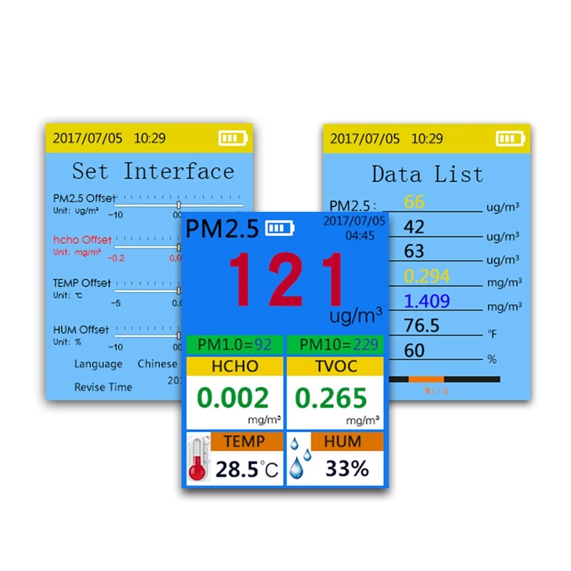 Imagem -02 - Monitor de Qualidade do ar Indoor Outdoor Pm2.5 Pm1.0 Pm10 Hcho Detector Tester Temperatura e Sensor de Umidade em