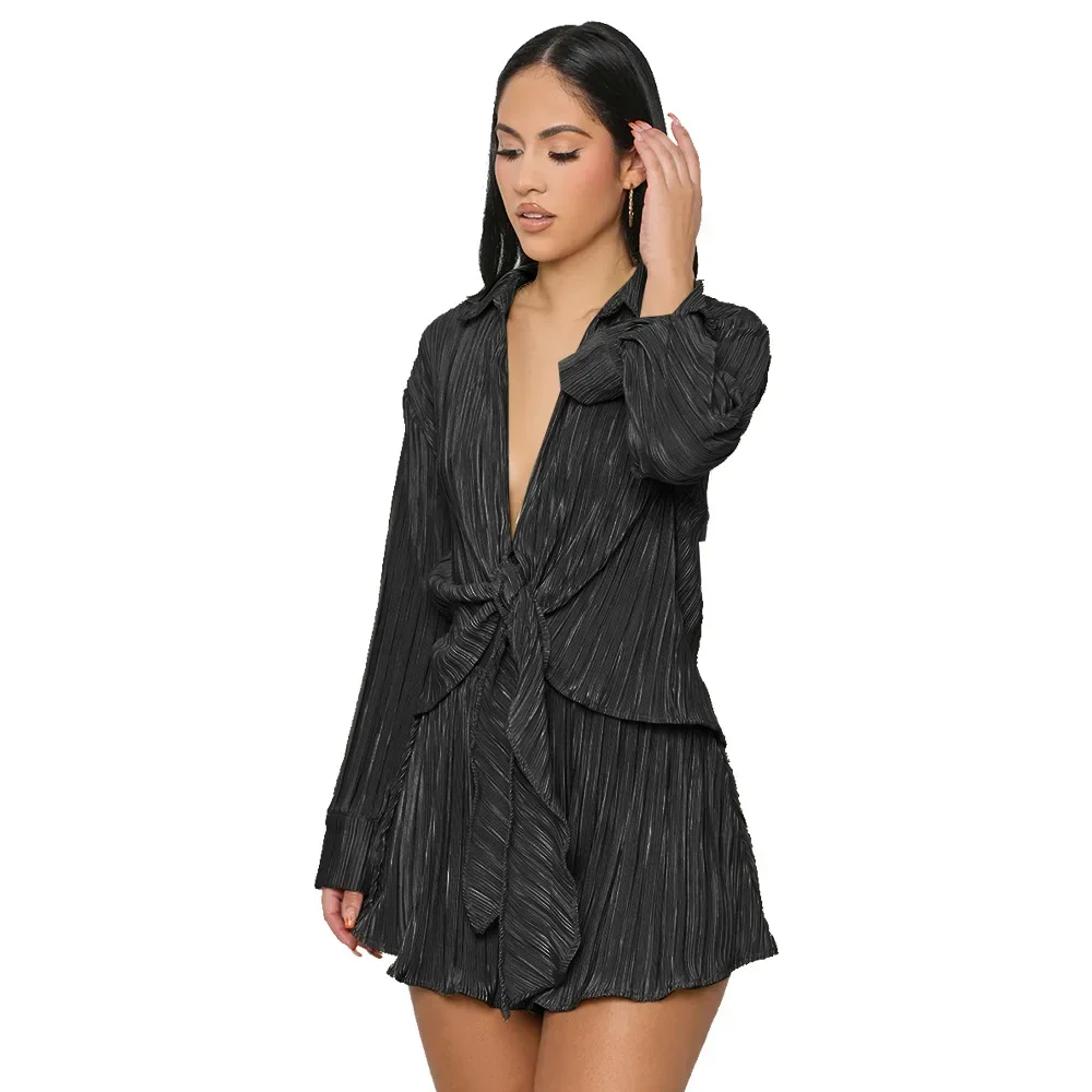 Prowow Pleated Women Clothing Set Long Sleeve Blouses Shorts Two Piece Office Lady OL Matching Suits Summer Female Streetwear