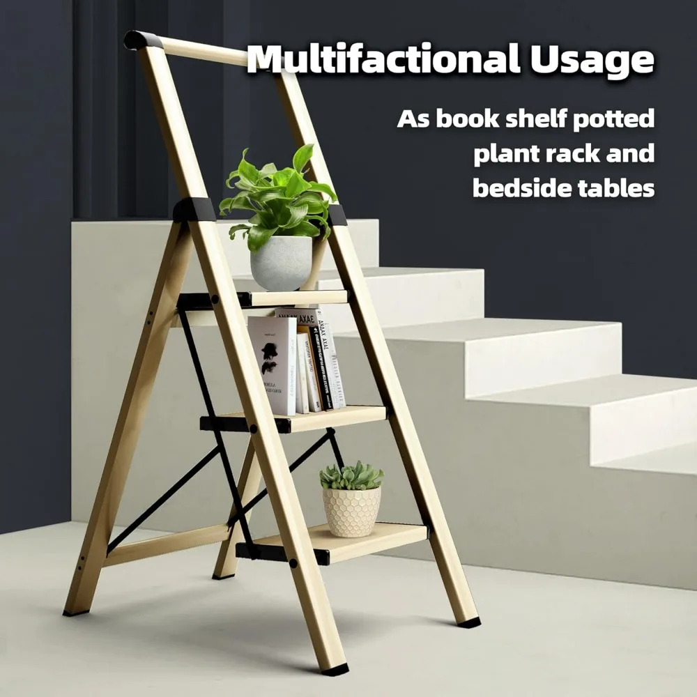 سلم ألومنيوم قابل للطي بثلاث خطوات مع مقبض يدوي، معالجات مضادة للانزلاق، سعة 330 رطل، خفيف الوزن ومحمول للاستخدام المنزلي