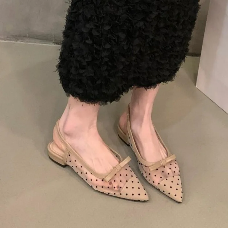 Low Heel Bow Baotou Sandals New Summer Mesh Breathable Polka Dot Single Shoes Pointed Toe Outside Wear Sandales Women\'s Shoes