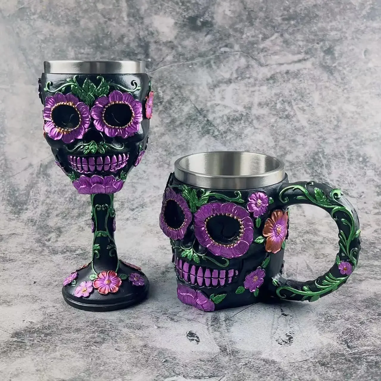 Purple Skull Flower Goblet Resin Steel Cup Creative Beer COFFEE Mug Gothic 3D Wine Glass Mugs Halloween Gift Death Day 200/400ML