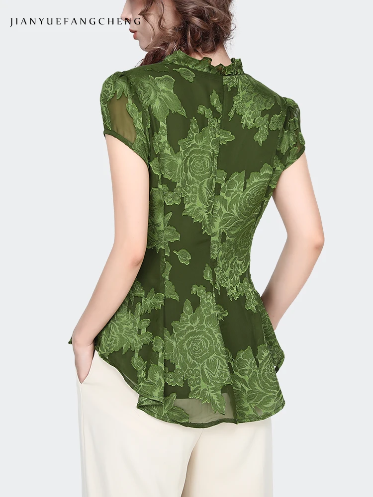 Fashion Embossed Floral Green Chiffon Blouse Women Summer Tops Short Sleeve Ruffled V-Neck Female Vintage Slim Shirts