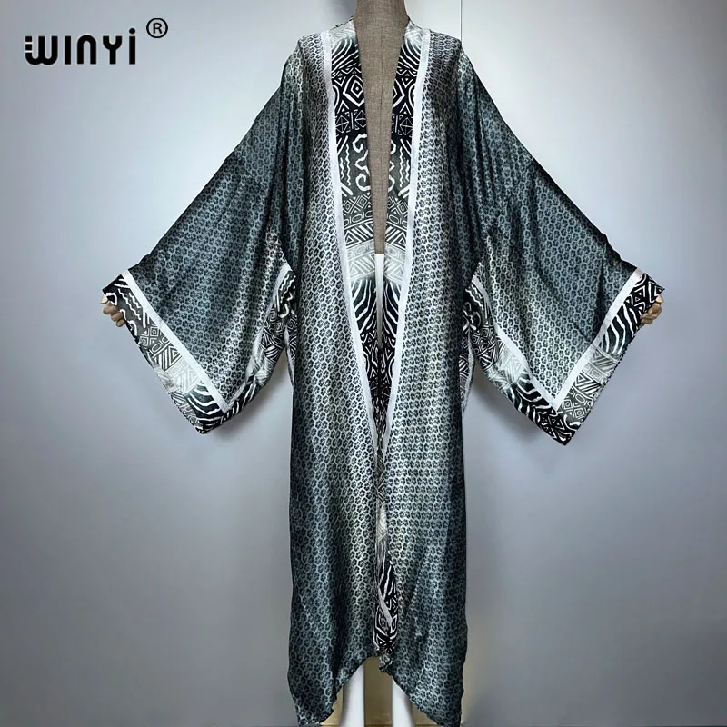 WINYI Afrika Boho Allmählicher Druck Kimono langes Kleid für Frau Strickjacken Strand Outfits Kaftan Strand Cover Up Partykleid Maxirantel