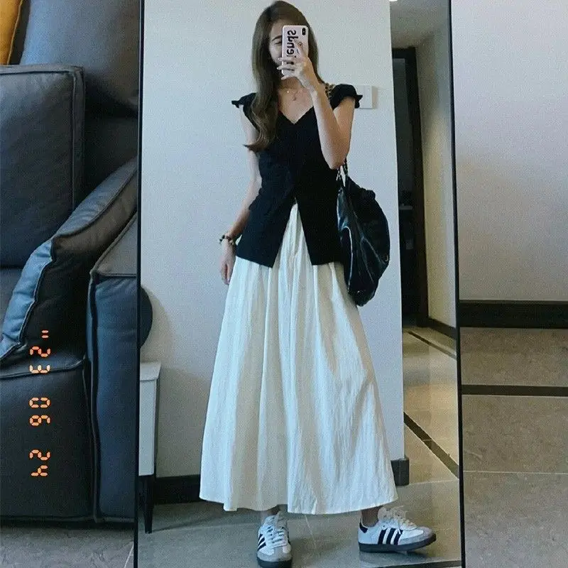 2025 New Korean Style Casual A-LINE Solid White Pleated Midi Skirt High Waist Spring Summer Women Skirt