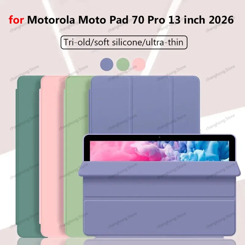 Case for Motorola Moto Pad 70 Pro 13-Inch 2026 Smart Auto Wake Trifold Leather TPU Clear Stand Cover