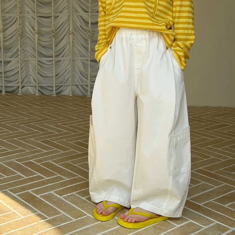 Boys Girls Korean Style Casual Long Pants Spring Summer Side Pocket Loose Trousers Multi Colors