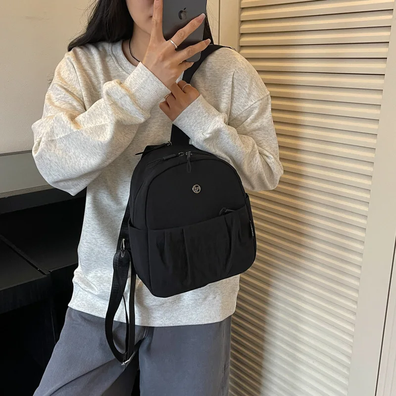 Solid Nylon Mini Backpack for Women Multi Pocket Handbag Girls Lightweight Casual School Shoulder Bag Small Commuter Rucksack