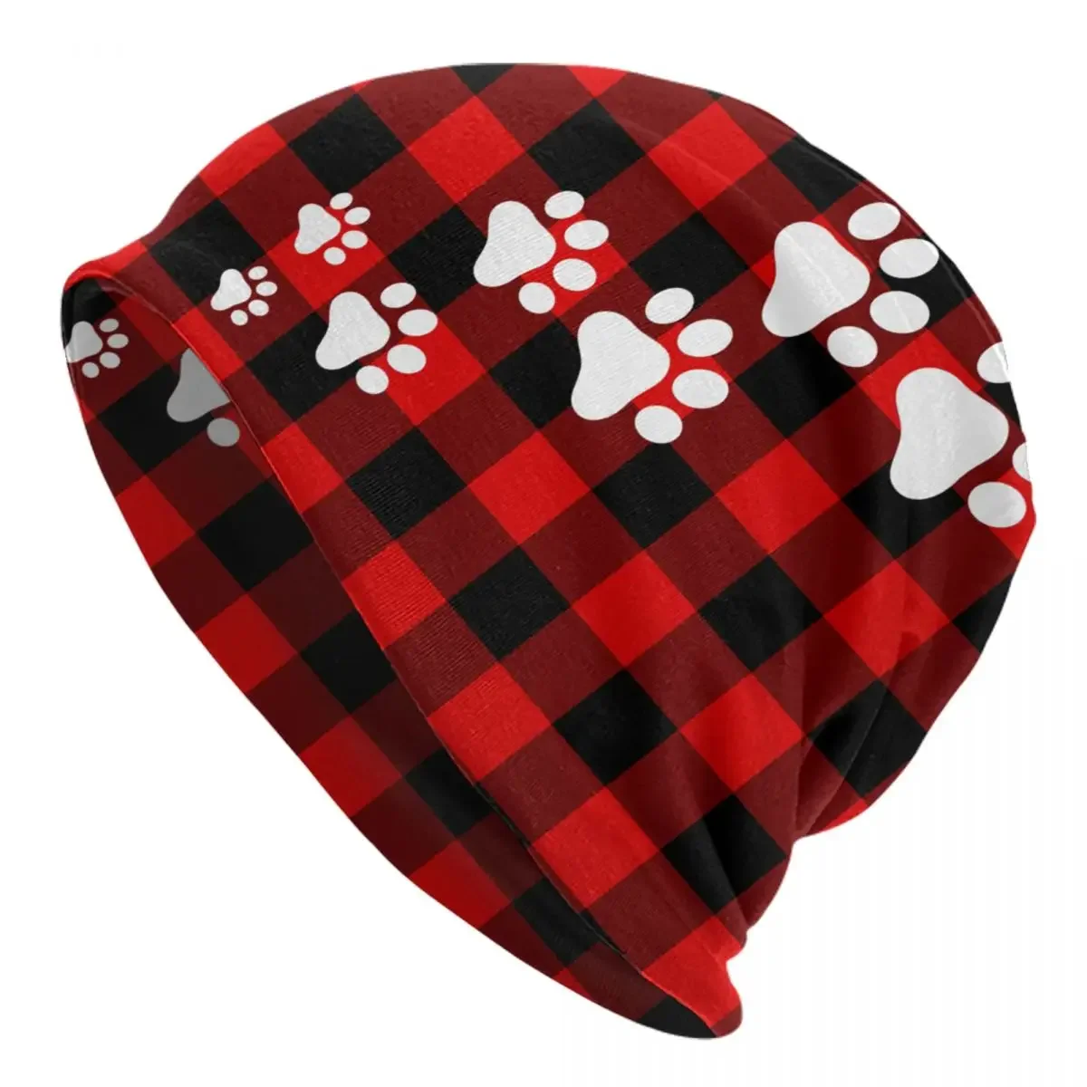 Cute Snow Dog Paws Red Black Check Skullies Beanies Hats Cool Men Women Outdoor Cap Warm Multifunction Bonnet Knit Hat