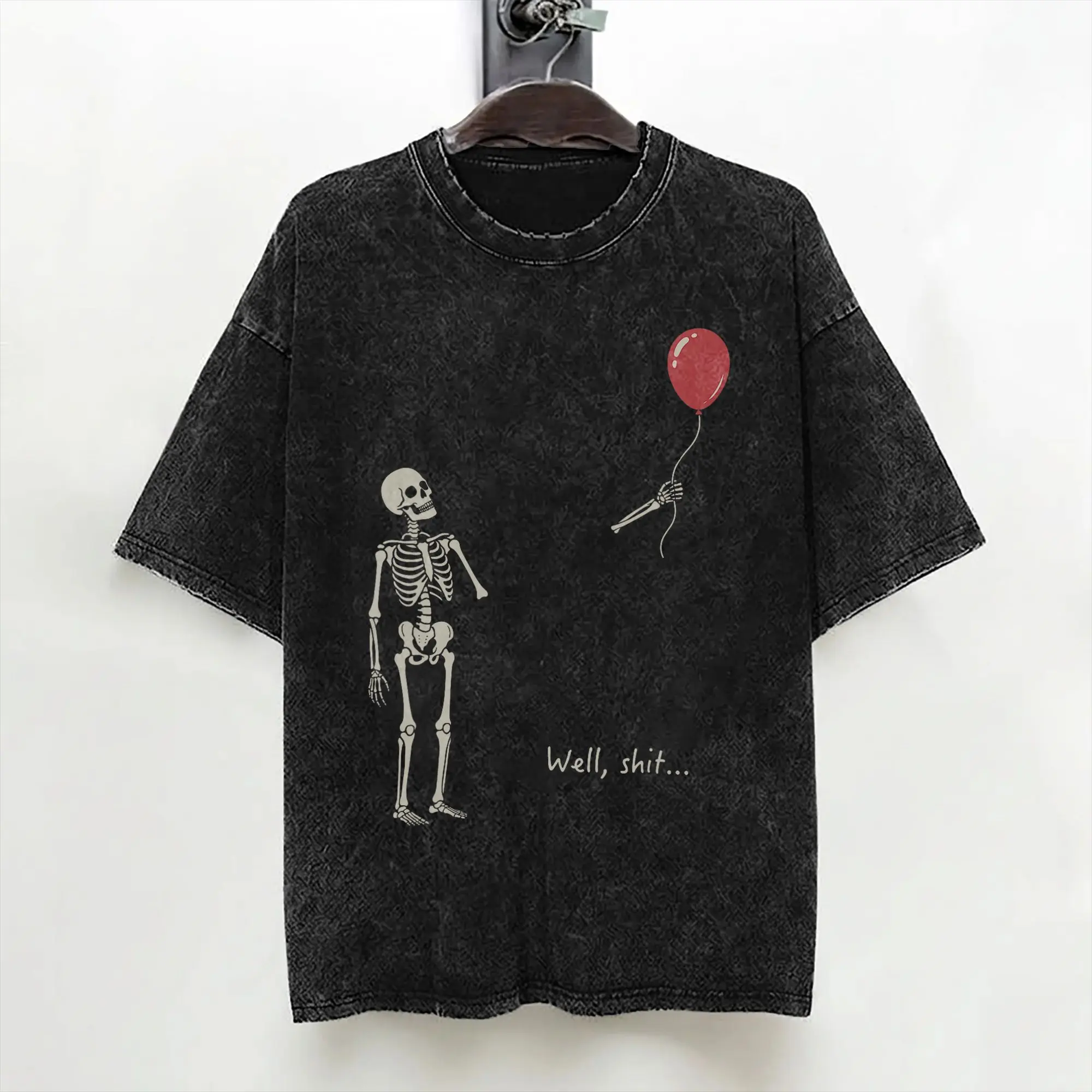 Well Shit Skeleton Balloon Dark Humor Halloween T Shirts Hip Hop Washed High Street T-Shirt for Men Tops Streetwear Tee Shirt