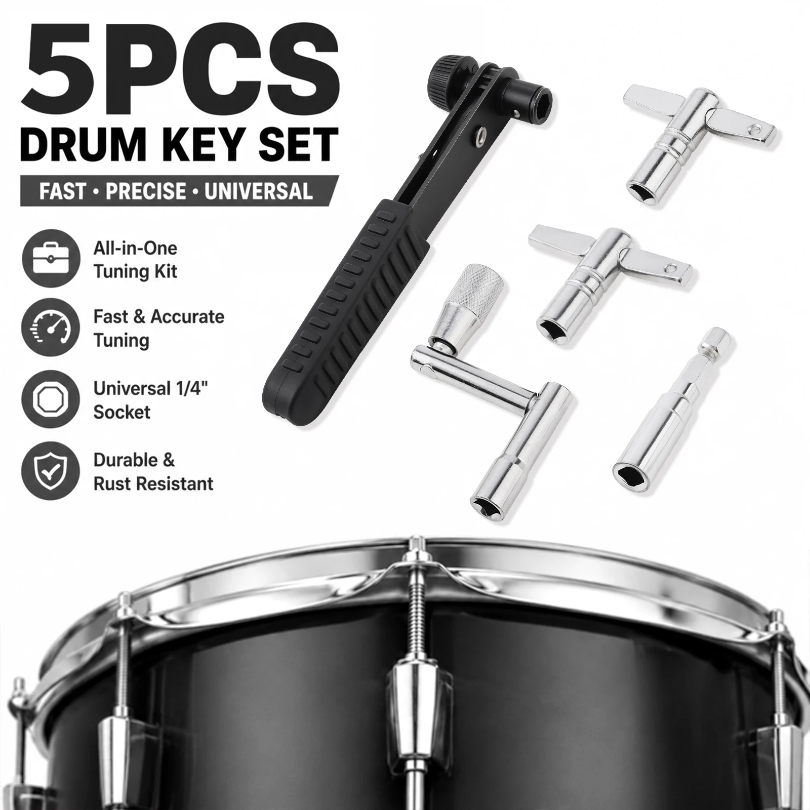 5PCS Drum Tuning Key Kit for Acoustic Electronic Drums Tuning Key/T-shaped Key/Drill Bit/Ratchet Wrench/Drum Maintenance Set
