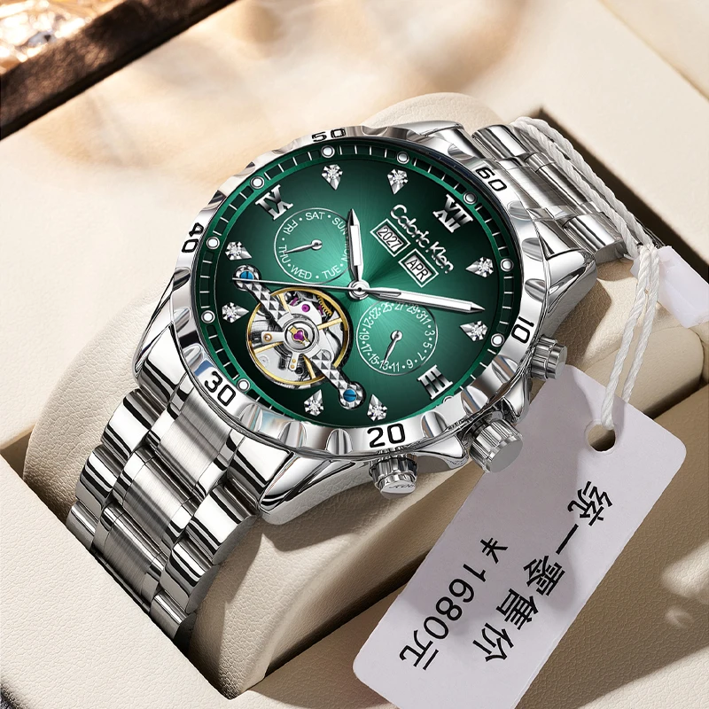 ساعة ميكانيكية فاخرة متعددة الوظائف للرجال من الفولاذ المقاوم للصدأ مقاومة للماء ساعات توربيون أوتوماتيكية للرجال ساعة تقويم كلاسيكية #3