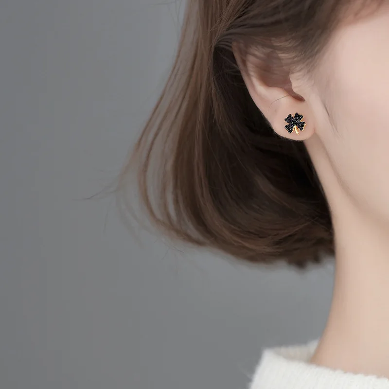 Silver 925 Earrings For Women Clover 925 Silver Earrings For Girls Stud Earrings For Women Irregular Black Zircon Daily Lucky