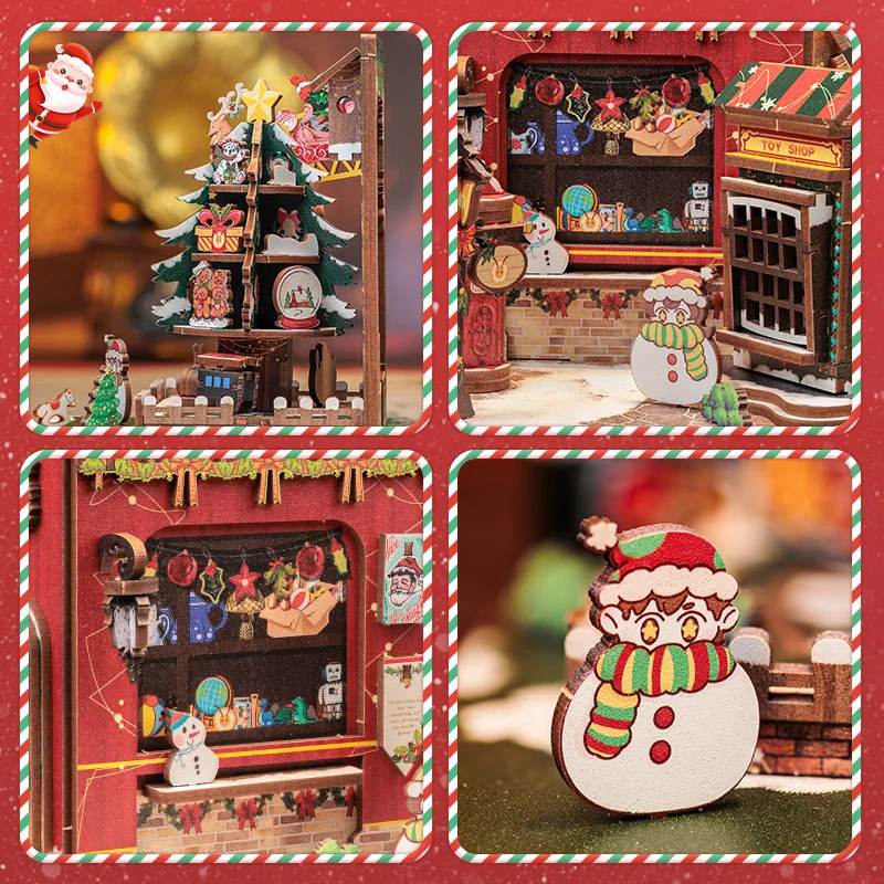 CUTEBEE Christmas Bookends DIY Dollhouse Wooden Bookshelf Insert Book Nook Decoration 3D Puzzle for Craft Gift Christmas Cottage