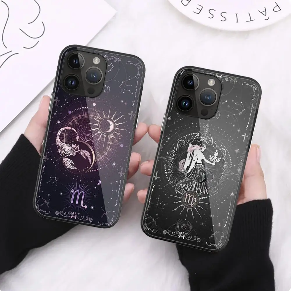 Constellation Phone Case For iPhone 16 Pro Max 15 14 13 12 Mini 11 XR XS 8 7 Plus Black Art Glass Cases