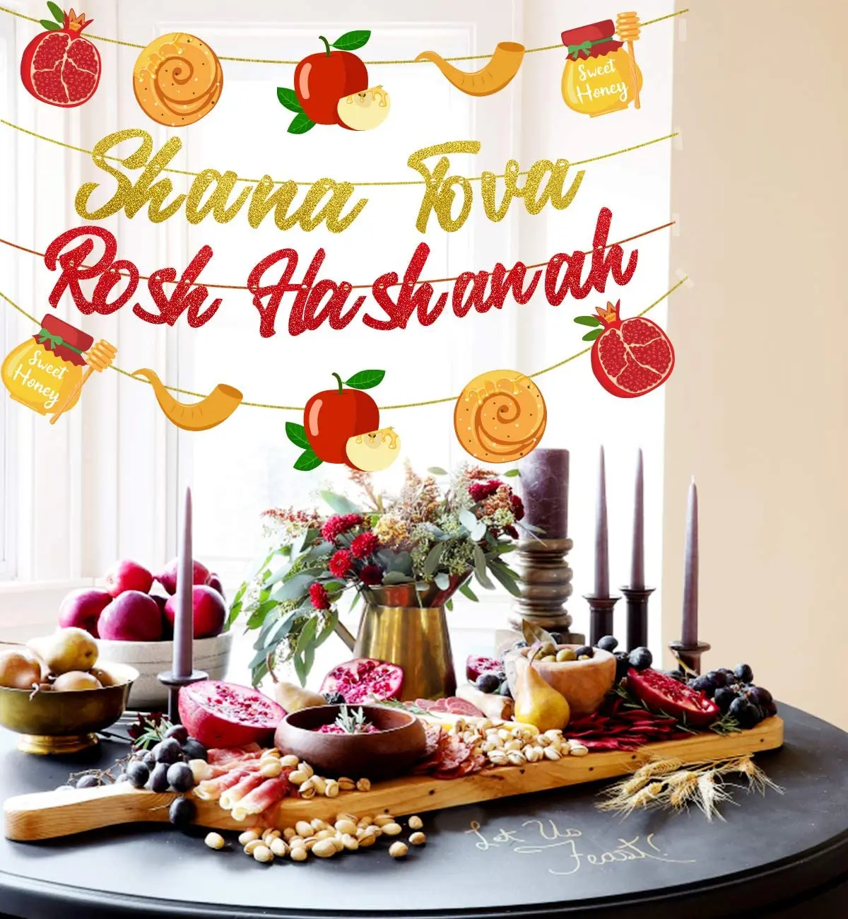 Rosh Hashanah Decorations Shana Tova Rosh Hashanah Banner Garland Red and Gold Jewish New Year Theme Party Decor Supplies