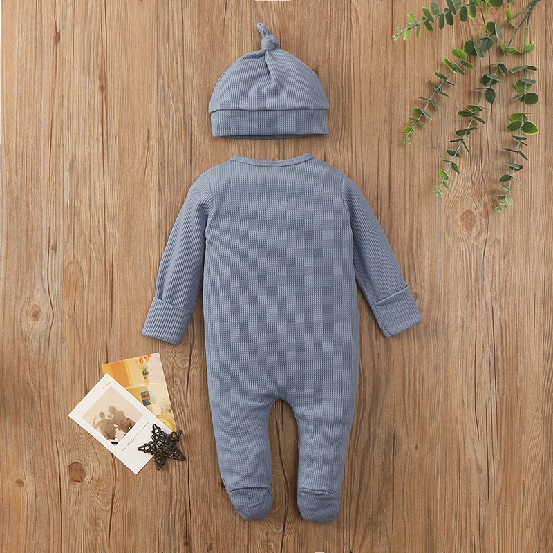 

Infant Two-piece Outfit Cozy Round Neck Footed Romper with Matching Hat Available in Sizes 0-24 Months