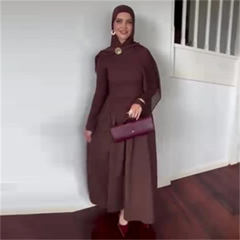 

Women Long Sleeve Dress Brown Slim Fit Headscarf Fashion Casual Elegant Autumn Outfit Comfortable Soft Fabric Stylish Design