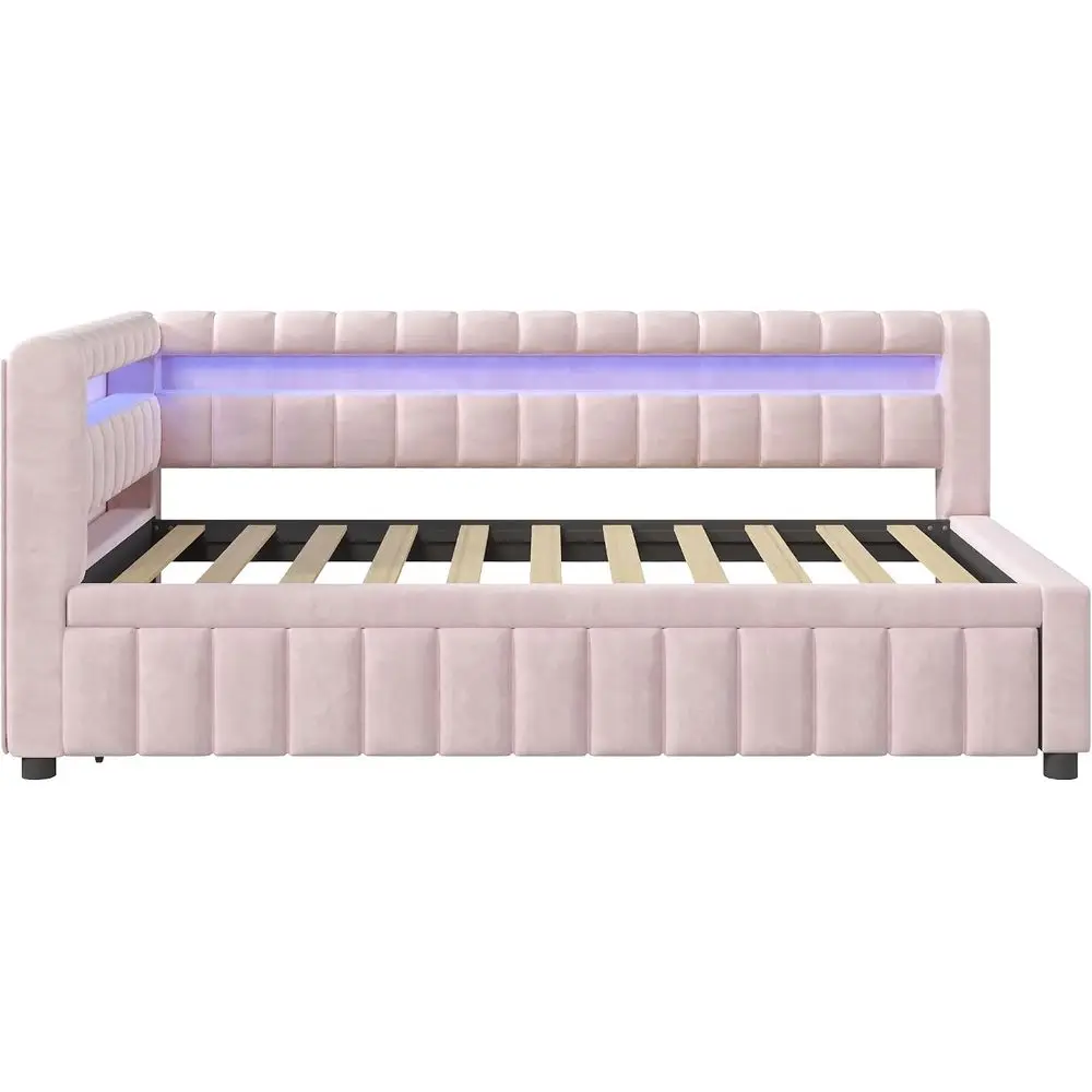 SOTSEA Twin XL Daybed with Trundle, Upholstered Bed with LED Lights and USB Ports, Twin XL to King Daybed e or Kids Teens, Wood view 6