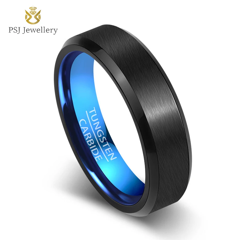 

PSJ Fashion Jewelry Brushed 6MM Black Blue Bevel Edge Tungsten Engagement Rings for Men