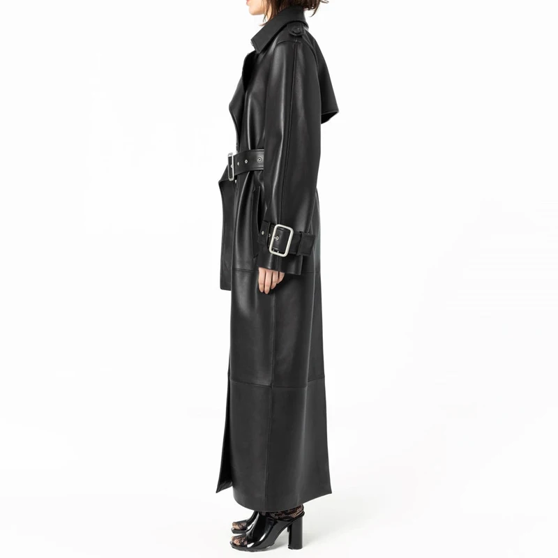 Classic Black Sheepskin Leather Trench Coat for Women Double-Breasted Long Length Loose Fit