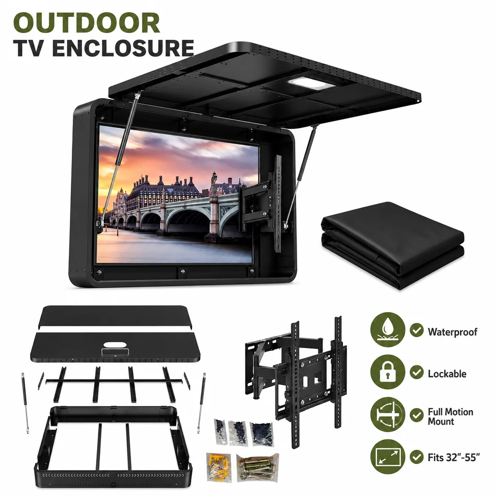 US Stock 43/55 inch Metal Outdoor Televison Enclosure Gas Struts Weatherproof IP65 Shield TV Box Full Motion Pull-Out Bracket Included for Outside Garden Patio With Waterproof TV Cover US Ship