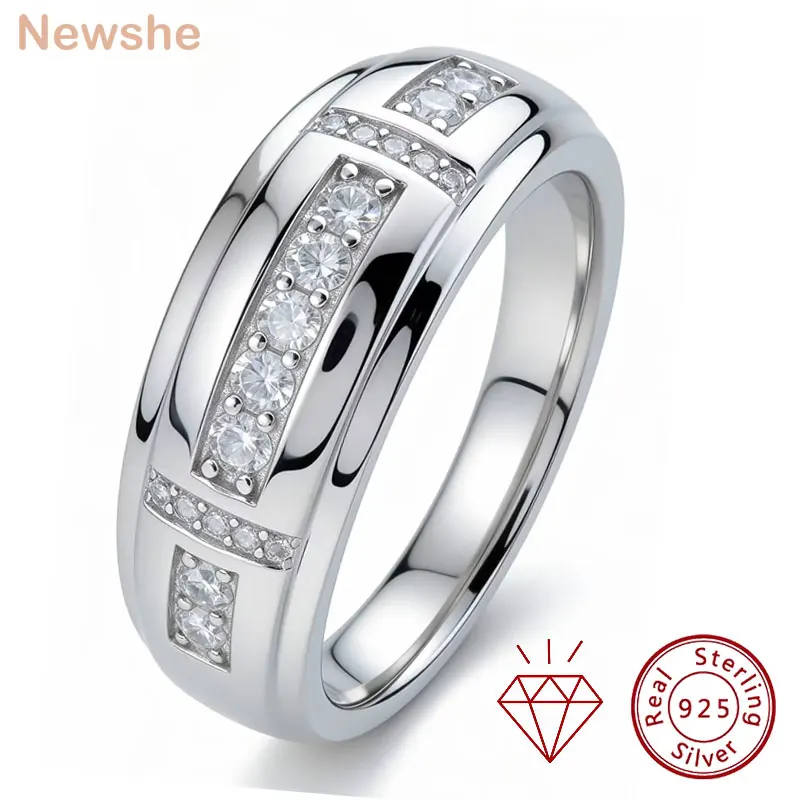 

Newshe Elegant Men's Moissanite Rings GRA Certified Wedding Band 925 Sterling Silver Half Eternity Round Engagement Ring