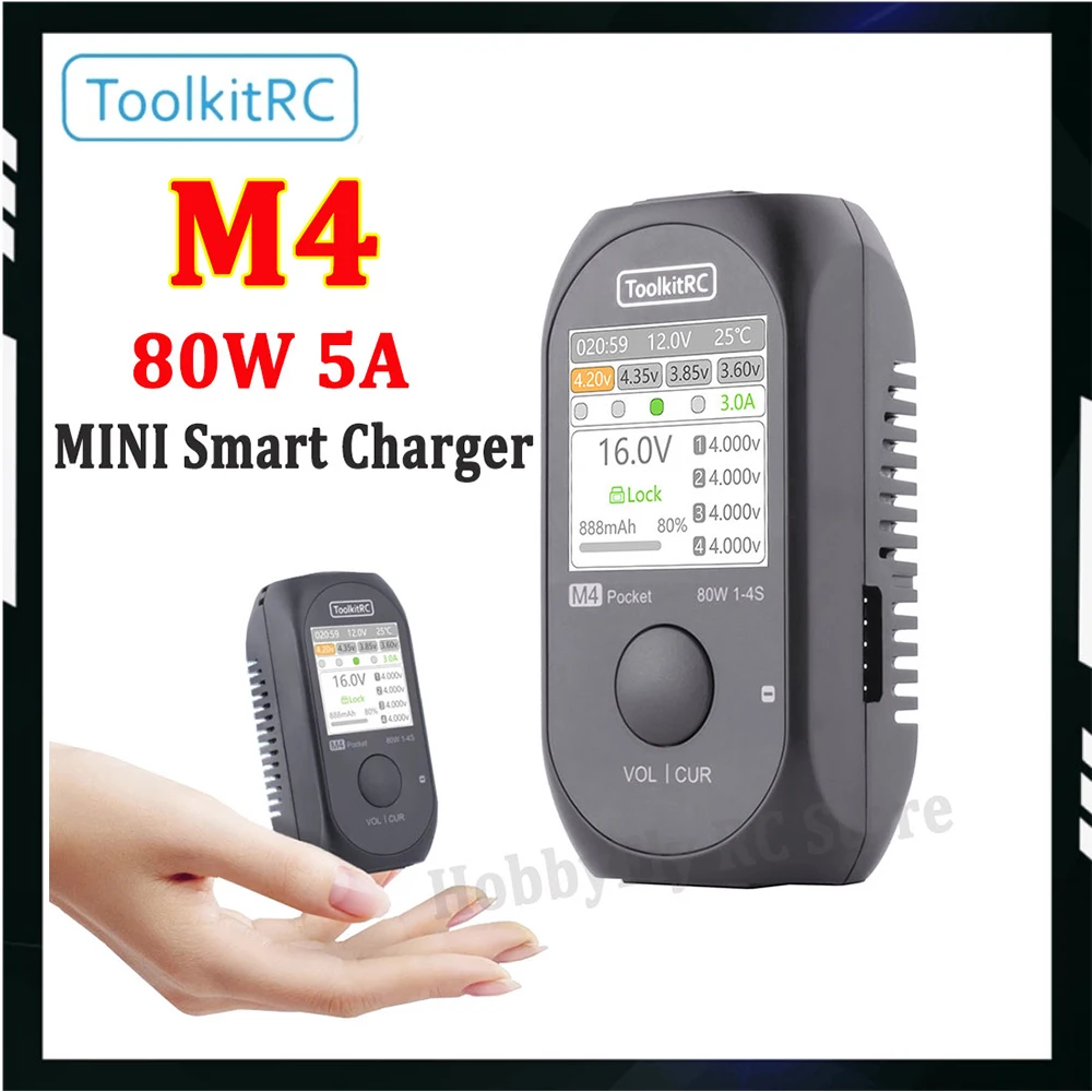 ToolkitRC M4 Pocket 80W 5A MINI Smart Charger XT30 XT60 Input USB-C Input/Output Charger W/ IPS Bright Clear Wide Angle Display