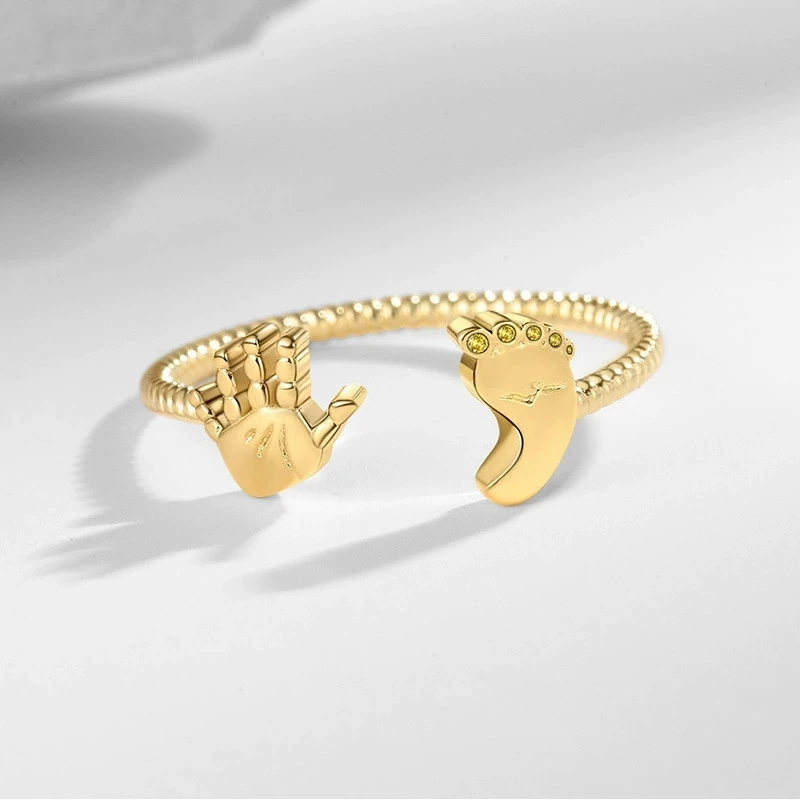 Cute Footprint & Handprint Open Ring Adjustable Stackable Ring for Women Unique Creative Jewelry Gift