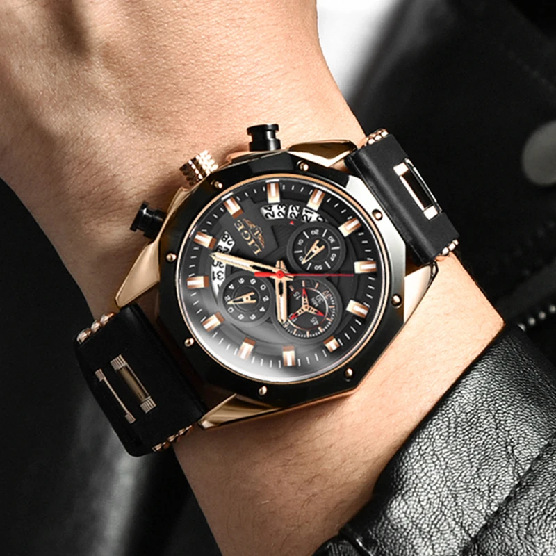 ساعة LIGE للرجال موضة الأعمال العسكرية ساعات كوارتز للرجال سيليكون أسود رياضي مقاوم للماء كرونوغراف Relogios Masculino