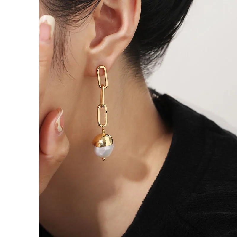 Brass Stuning Linked Real Natural Pearl Earrings Women Jewelry Punk Party T Show Gown Runway Trendy  Korean Japan Israel