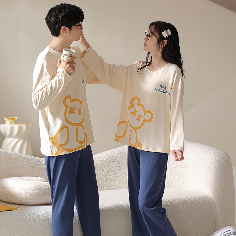 Spring and Autumn Leisure Home Furnishings Pure Cotton Long sleeved Minimalist Printed Men's and Women's Pajamas Autumn Style