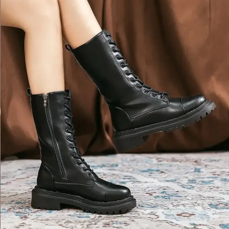 

Women's Mid-calf Boots High Quality Leather Casual Boot Fashion Motorcycle Knight Boots for Women Lace Up Flat Boots Botas Mujer