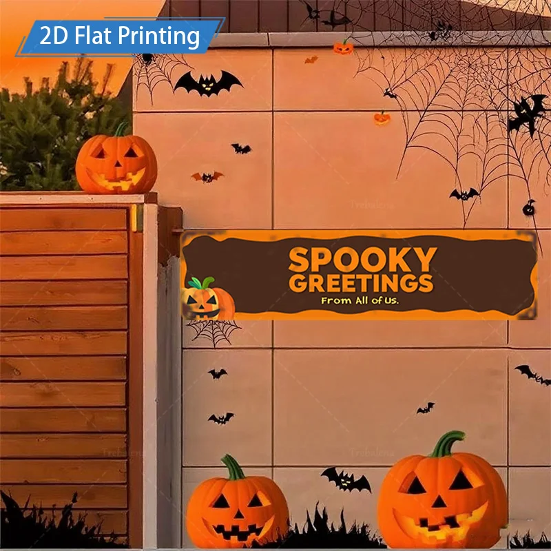 1pc metalen bord, 4x16inch Halloween Spooky Greetings Banner met pompoen en vleermuisdecoraties voor hek