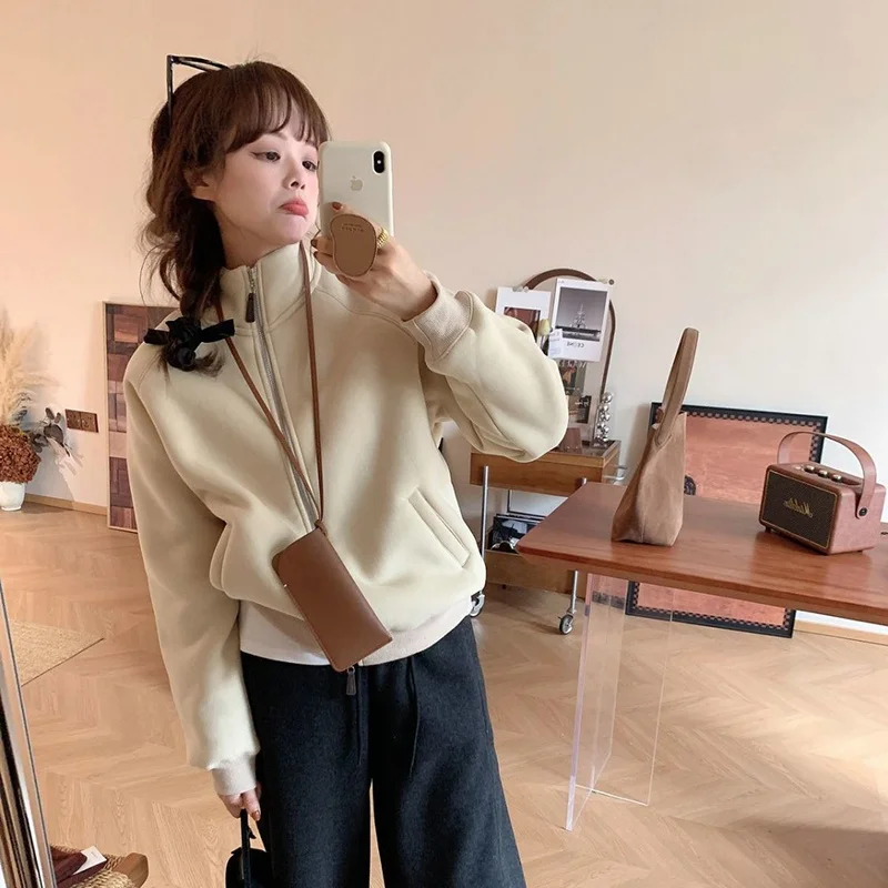 Inverno Nuovo Casual Thiened Fce Felpa Calda Thi Capispalla Doppia Cerniera Con Cappuccio Colletto alla coreana Cappotto Faionable da donna...