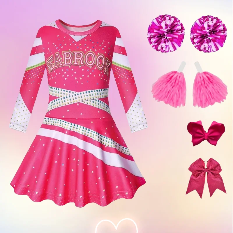 

Girls Cheerleader Costume Pink Dress School Uniform Stage Performance Full Set Children Dresses Halloween New Year Party