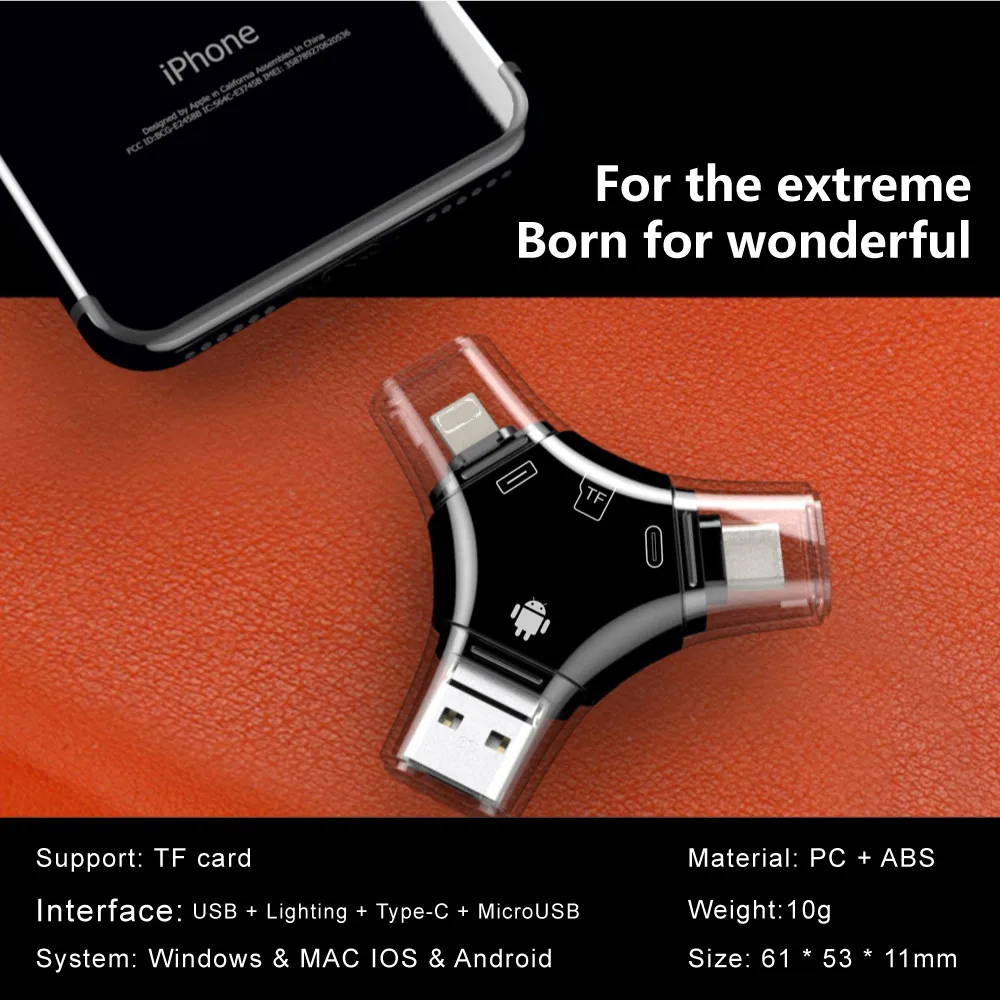 Czytnik kart pamięci 4 w 1 Mini TF Micro USB Type C OTG Adapter do kart pamięci Technologia czytania dla IOS Android Mobile