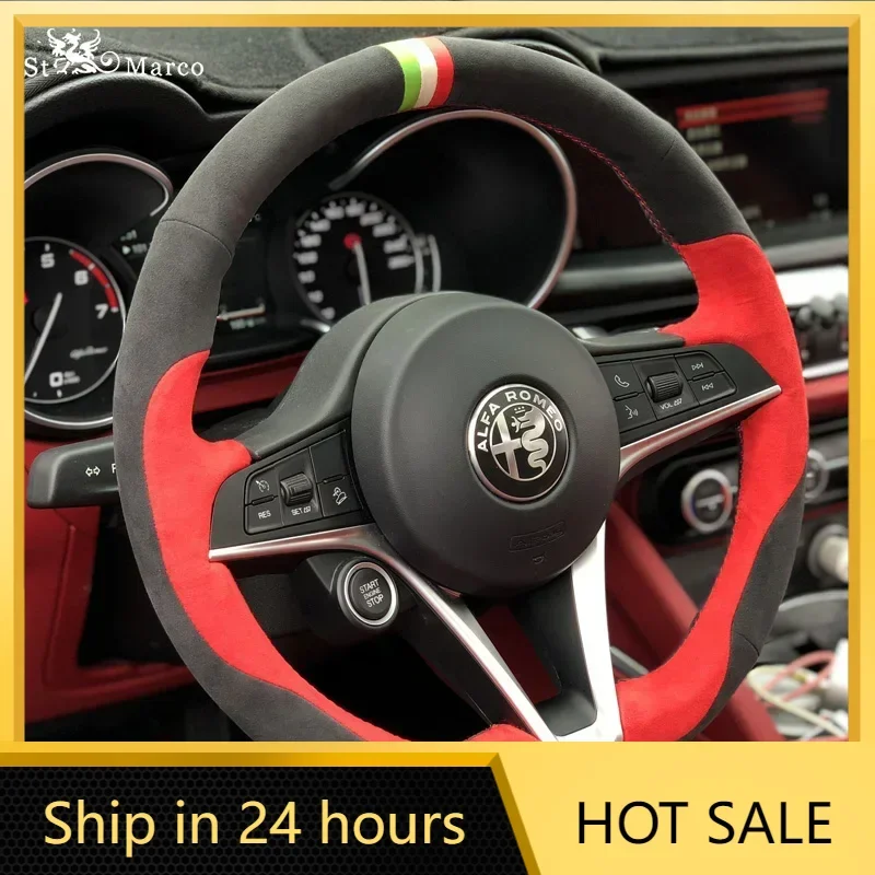 

Car Stickers Customized Real Alcantara For Alfa Romeo Giulia Stelvio DIY Hand Sewn Steering Wheel Handle Cover Interior Cover